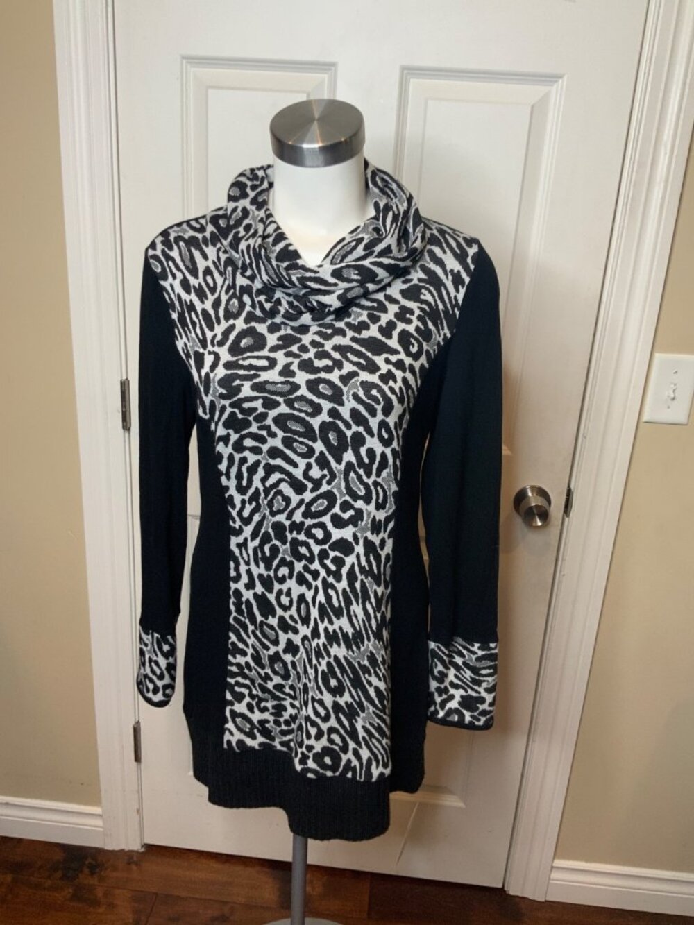 Joseph Ribkoff Black & Gray Leopard Knit Cowl Neck Dress, Size 10